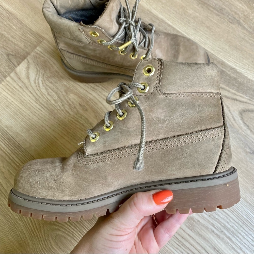 Timberland Dark Beige Nubuck Leather Boots | Waterproof | Unisex Junior Kids - Picture 5 of 14
